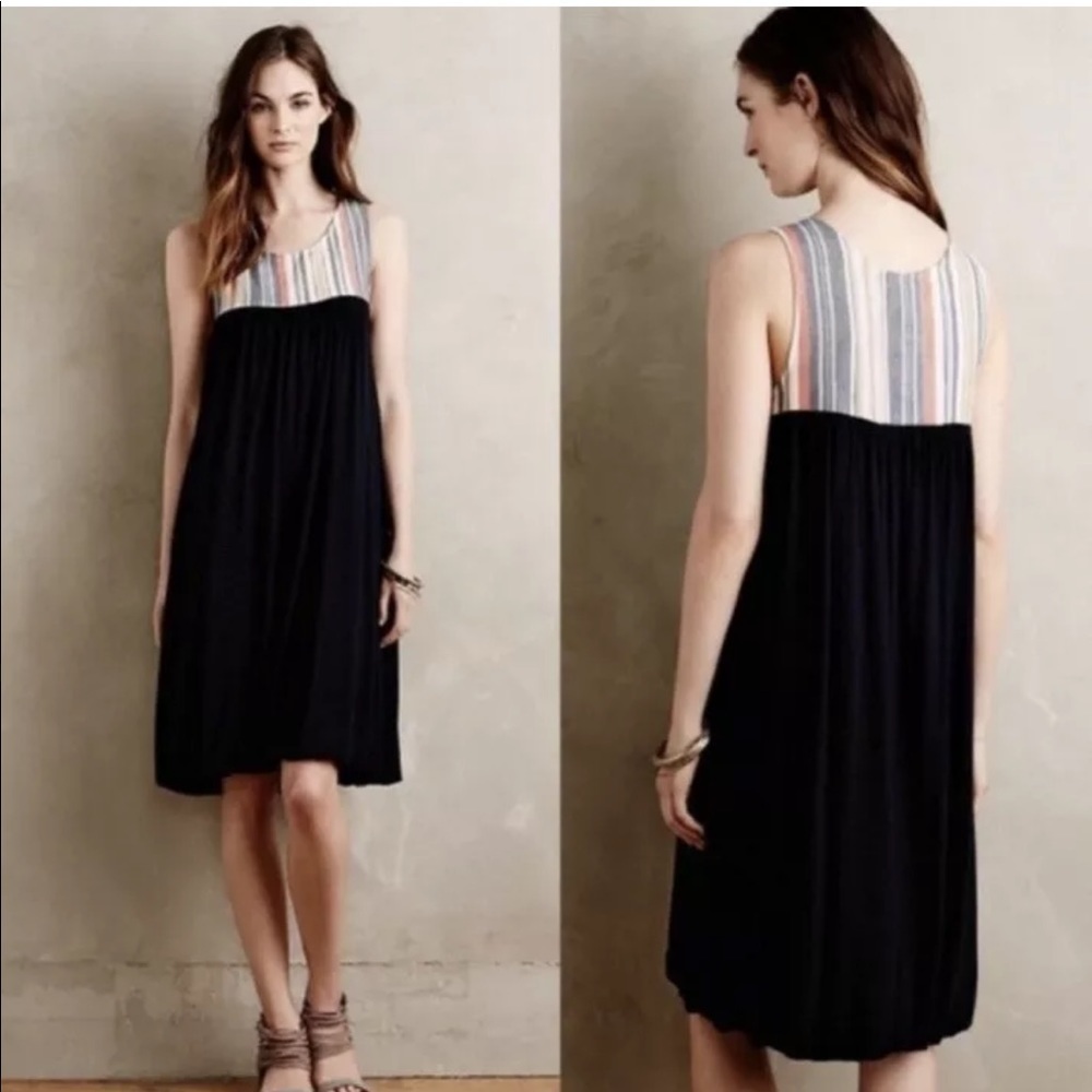Anthropologie - Porrige Black Midi Dress with Multicolor Striped Yoke